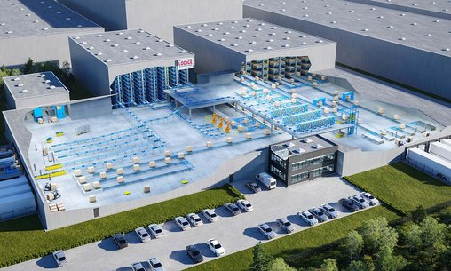3d graphic of a warehouse and parcels moving along conveyor belts