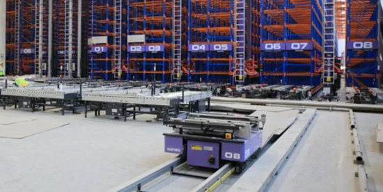 aisles of tall shelves at an airport warehouse